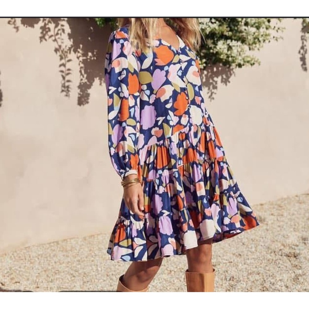 Mister Zimi Floral Tiered Mini Dress Navy Orange Button Front Long Sleeve Sz 10